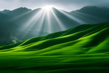 Foto auf Acrylglas Grün Golden sunbeams pierce misty mountains illuminating rolling green hills in breathtaking natural landscape  © Muhammad