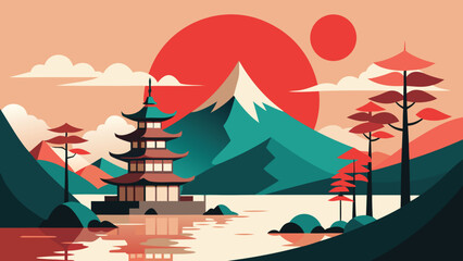 Japanese Landscape Illustration Pagoda, Lake, Mountain, Red Sun, and Clouds Art
