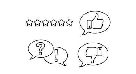 Vector illustration of customer feedback icons including star rating, thumbs up, thumbs down, question and exclamation marks