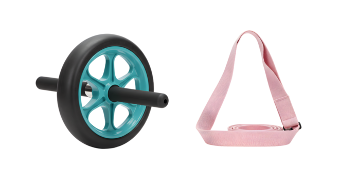 SPORT - Close-up of a teal and black ab wheel roller with pink fabric resistance band, fitness equipment for home workouts and strength training