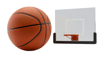 SPORT - Close-up of an orange basketball next to a basketball hoop backboard isolated on white background, perfect for sports and basketball training visuals