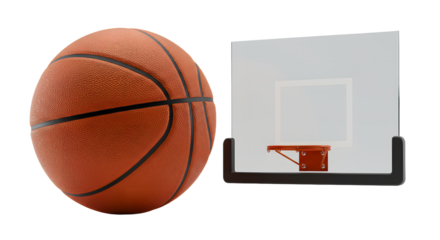 SPORT - Close-up of an orange basketball next to a basketball hoop backboard isolated on white background, perfect for sports and basketball training visuals