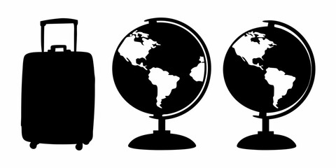 Silhouette of suitcase with handle and two globes showing continents on a white background image | editable eps vectors