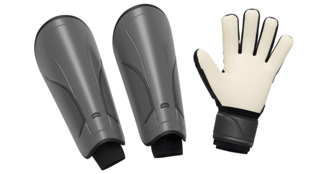 SPORT - Pair of gray shin guards and a white goalkeeper glove isolated on white, soccer protective gear perfect for sports equipment and training