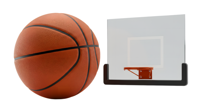 SPORT - Close-up of an orange basketball next to a basketball hoop backboard isolated on white background, perfect for sports and basketball training visuals - Powered by Adobe