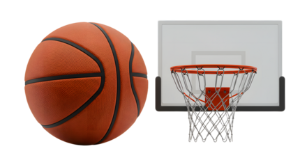 SPORT - Close-up of basketball and hoop isolated on white background, perfect for sports, basketball training, and coaching materials