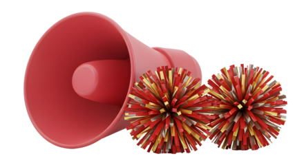 SPORT - Red megaphone with red and gold pom poms on white background, cheerleading and sports fan gear, perfect for school spirit events