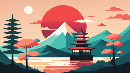 Japanese Pagoda Landscape with Red Sun, Teal Mountains, and Stylized Trees Illustration