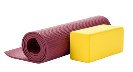 SPORT - Rolled purple yoga mat with yellow foam block for fitness and exercise routines, ideal for yoga and pilates workouts