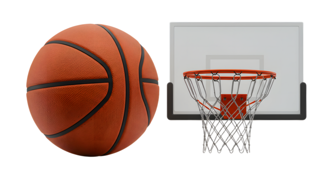 SPORT - Close-up of basketball and hoop isolated on white background, perfect for sports, basketball training, and coaching materials