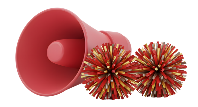 SPORT - Red megaphone with red and gold pom poms on white background, cheerleading and sports fan gear, perfect for school spirit events