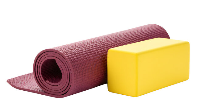 SPORT - Rolled purple yoga mat with yellow foam block for fitness and exercise routines, ideal for yoga and pilates workouts