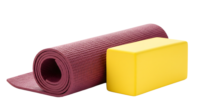 SPORT - Rolled purple yoga mat with yellow foam block for fitness and exercise routines, ideal for yoga and pilates workouts