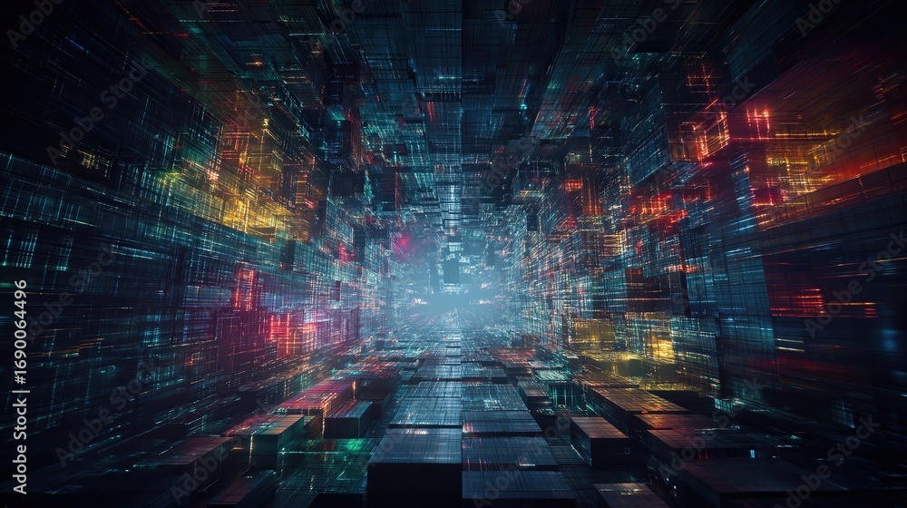 Poster futuristic digital corridor with glowing neon blocks and reflections in a virtual data city