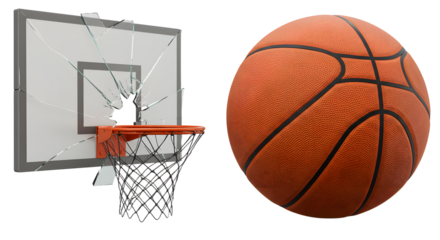 SPORT - Shattered basketball hoop backboard with an orange basketball isolated on white, perfect for sports injury or basketball action concepts