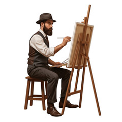 Bearded artist in hat painting on easel with palette and brush in studio setting