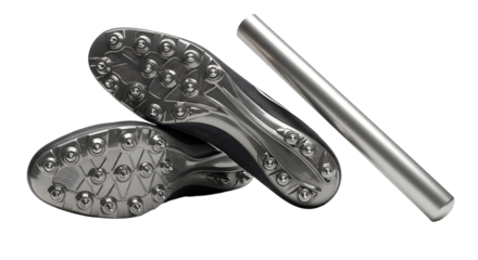 SPORT - Silver color football (soccer) cleats with detachable studs and a metal replacement spike rod, isolated on black background, perfect for sports and equipment stores