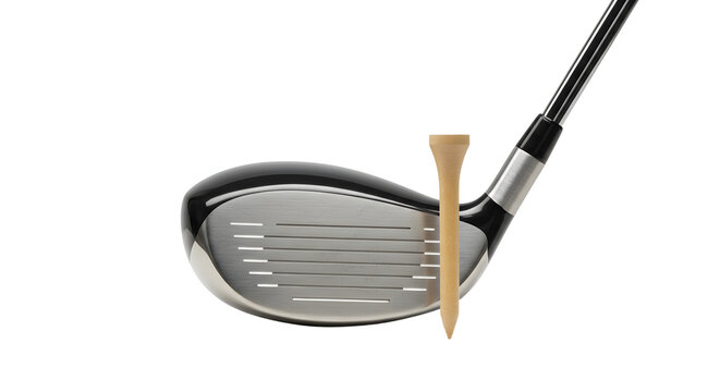 SPORT - Close-up of a golf club and wooden tee isolated on white background, perfect for sports and golf-related projects