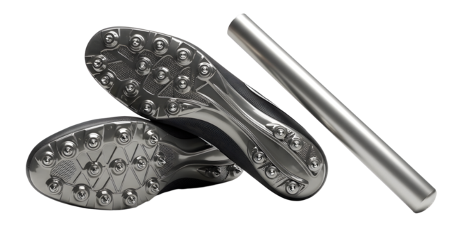 SPORT - Silver color football (soccer) cleats with detachable studs and a metal replacement spike rod, isolated on black background, perfect for sports and equipment stores