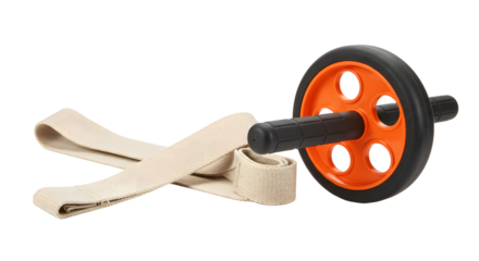 SPORT - Close-up of an ab wheel roller with beige exercise straps on white background, perfect for fitness workouts and core training