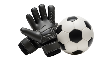 SPORT - Soccer ball with black goalkeeper gloves on white background, perfect for sports and soccer-related content