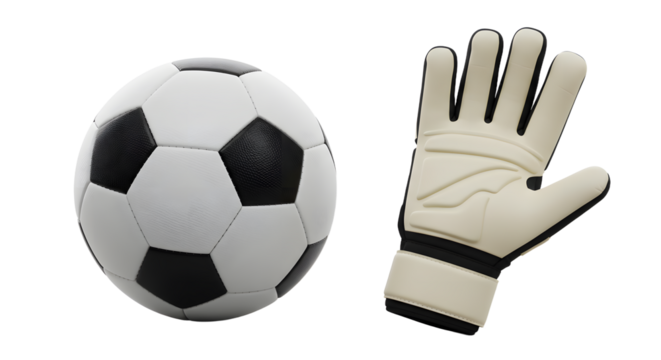 SPORT - Soccer ball and goalkeeper glove isolated on white background, perfect for sports and football content