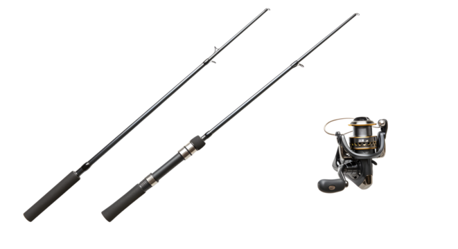 SPORT - Fishing rod and reel isolated on white background with black handle and silver components, perfect for fishing enthusiasts - Powered by Adobe