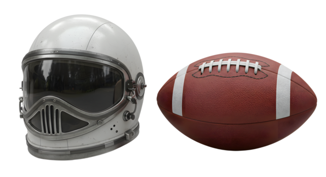 SPORT - Space helmet and American football side by side isolated on white background, contrast of sports and space gear