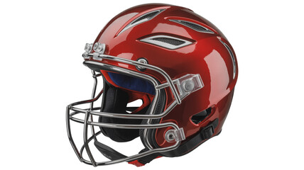 Fototapeta premium Professional Red American Football Helmet with Silver Facemask Isolated on White Background, Sports Equipment Gear for Protection