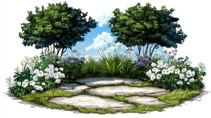 Stone Path with Daisies and Greenery Under a Bright Sky with Fluffy Clouds
