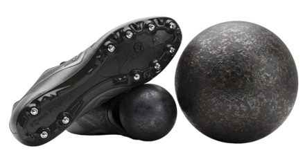 SPORT - Close-up of black soccer cleats with metal studs and a worn black leather soccer ball, isolated on white background, perfect for sports and soccer training content