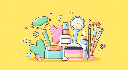Cartoon Illustration of Skincare and Beauty Products with Flowers and Bubbles flat design