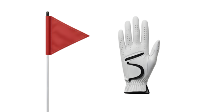 SPORT - White golf glove with black detailing displayed next to a red golf flag on a white background, perfect for golf enthusiasts and sports-related content