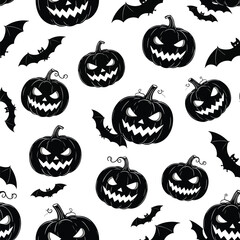 Seamless Halloween pattern featuring spooky pumpkins and bats on a white backdrop, patern seamless, Stock royalty free.