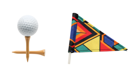 SPORT - Golf ball on wooden tee with colorful golf hole flag isolated on white background, perfect for golf sports and outdoor activity visuals