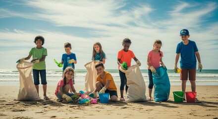 Children on a beach pick up trash filling bags and buckets with ocean backdrop