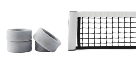 SPORT - White table tennis net with two white rubber wristbands isolated on white background, perfect for sports and recreational activities