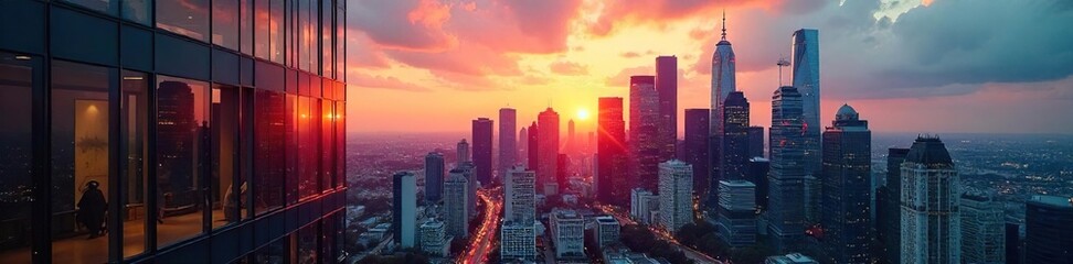 Fototapeta premium Sleek modern downtown office buildings reflecting the city skyline at sunset Glass facades, urban architecture, contemporary design , night, towers