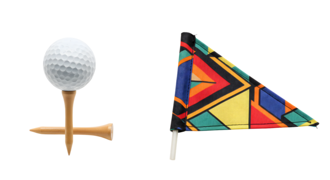 SPORT - Golf ball on wooden tee with colorful golf hole flag isolated on white background, perfect for golf sports and outdoor activity visuals