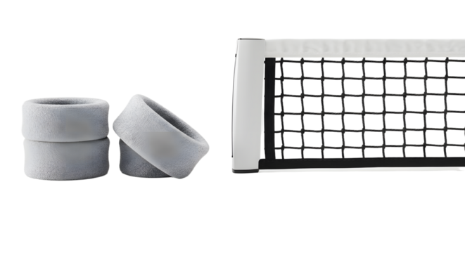 SPORT - White table tennis net with two white rubber wristbands isolated on white background, perfect for sports and recreational activities