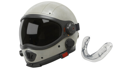 Fototapeta premium SPORT - Modern white astronaut helmet with built-in communication device and a clear custom mouth guard, isolated on white background, perfect for space exploration themes