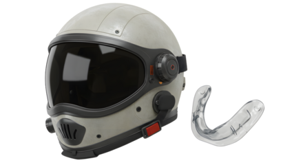 SPORT - Modern white astronaut helmet with built-in communication device and a clear custom mouth guard, isolated on white background, perfect for space exploration themes