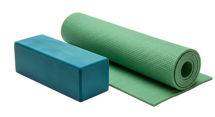 SPORT - Green rolled yoga mat with blue yoga block on white background, perfect for fitness, meditation, and exercise sessions