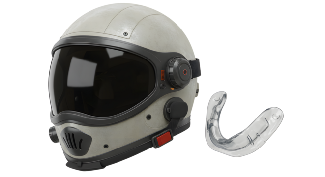 SPORT - Modern white astronaut helmet with built-in communication device and a clear custom mouth guard, isolated on white background, perfect for space exploration themes
