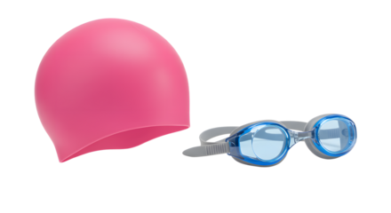 SPORT - Pink swimming cap and blue swimming goggles isolated on white background, perfect for swim training and water sports