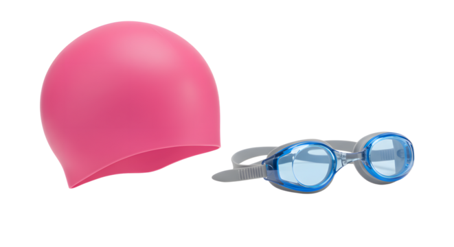 SPORT - Pink swimming cap and blue swimming goggles isolated on white background, perfect for swim training and water sports