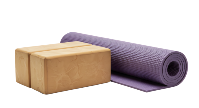 SPORT - Purple yoga mat with two cork yoga blocks isolated on white background, perfect for yoga practice and fitness workouts