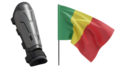 SPORT - Orthopedic leg brace and flag of Mali isolated on white background, symbol of medical support and patriotism
