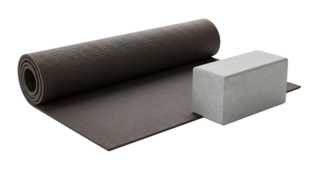 SPORT - Rolled yoga mat with concrete yoga block for fitness and exercise practice, ideal for meditation and stretching workouts
