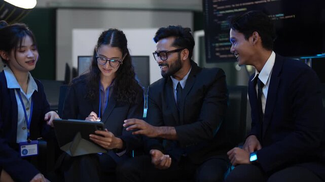 A team of AI developers and data scientists has a late-night strategy session. They are reviewing the performance data of their machine learning model on a tablet and computer.